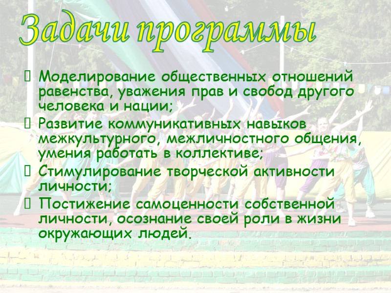 Моделирование общественных отношений равенства, уважения прав и свобод другого человека и нации; Развитие коммуникативных